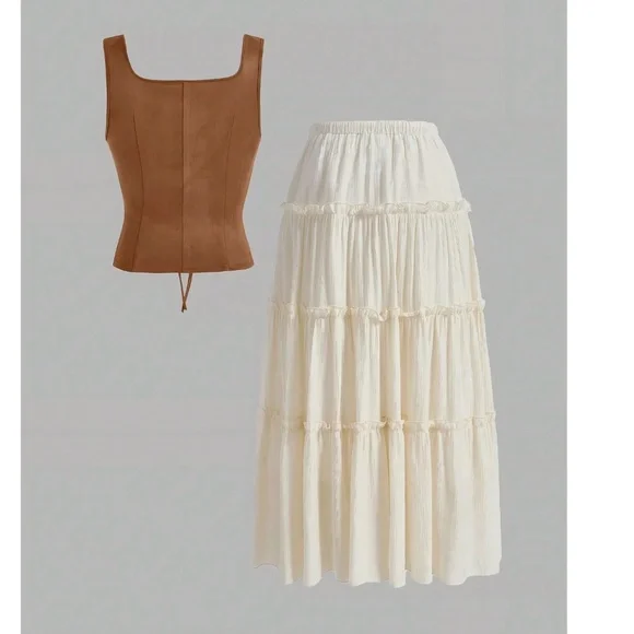 Boho Vegan Suede lace up Tank Top Maxi Skirt Set - Picture 2 of 6